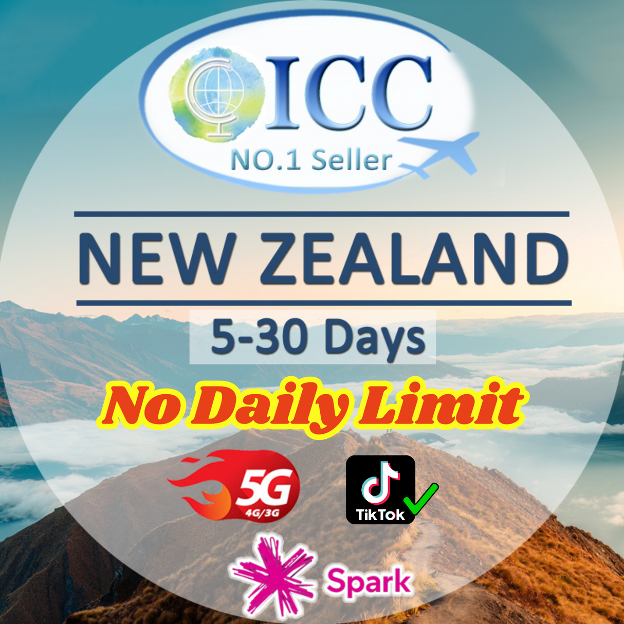 ICC SIM Card- New Zealand 5-30 Days| Unlimited Data | Data+Call| No Daily Limit| Can use Tiktok