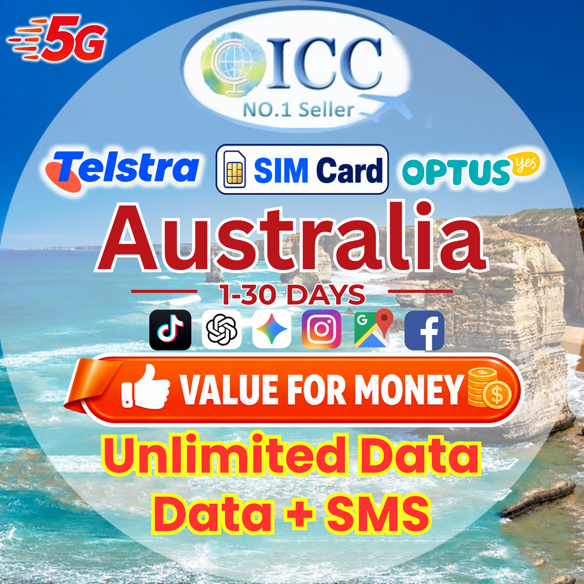 ICC SIM Card - Australia 1-30 Days Unlimited Data| Data+SMS*|Telstra/Optus/Vodafone Network| Data+SMS* Plan can use Tiktok