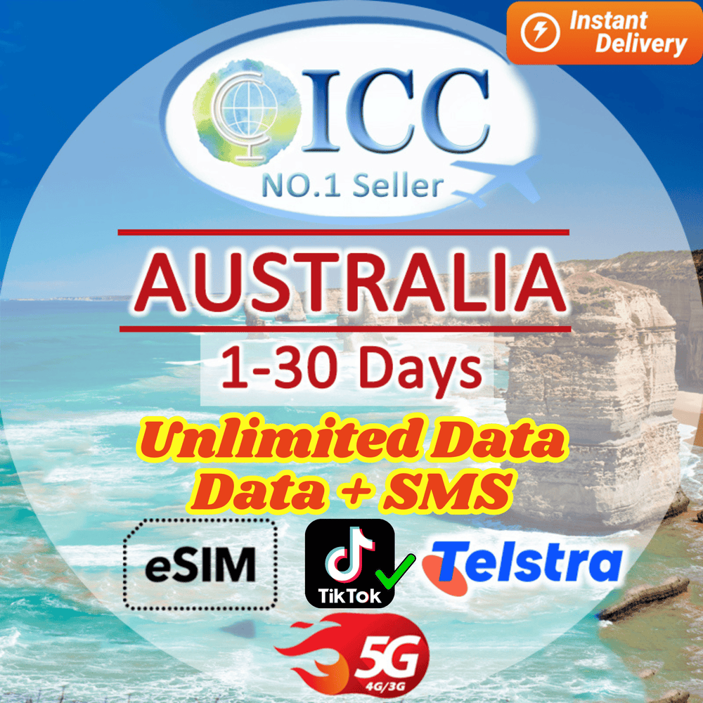 ICC eSIM - Australia 1-30 Days Unlimited Data- Telstra/Optus Network| Data+SMS plan can use Tiktok