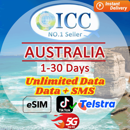 ICC eSIM - Australia 1-30 Days Unlimited Data- Telstra/Optus Network| Data+SMS plan can use Tiktok