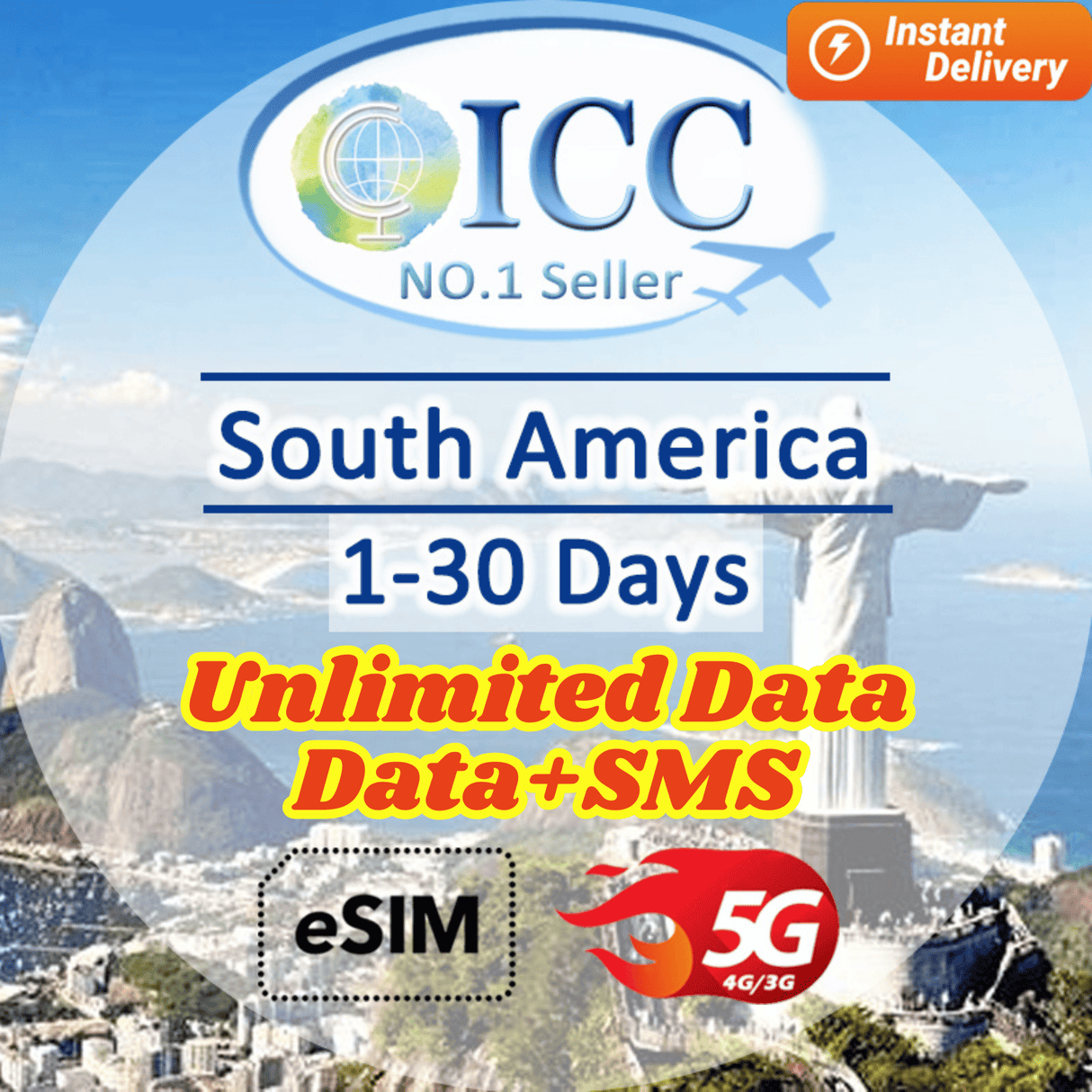 ICC eSIM - South America 1-30 Days Data │Unlimited Data│Data+Free incoming SMS