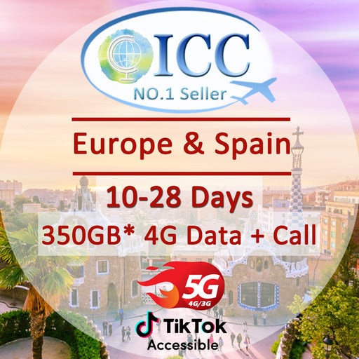 ICC SIM Card - Europe & Spain 10-28 Days 50GB*/120GB*/150GB* 4G Data + Call SIM