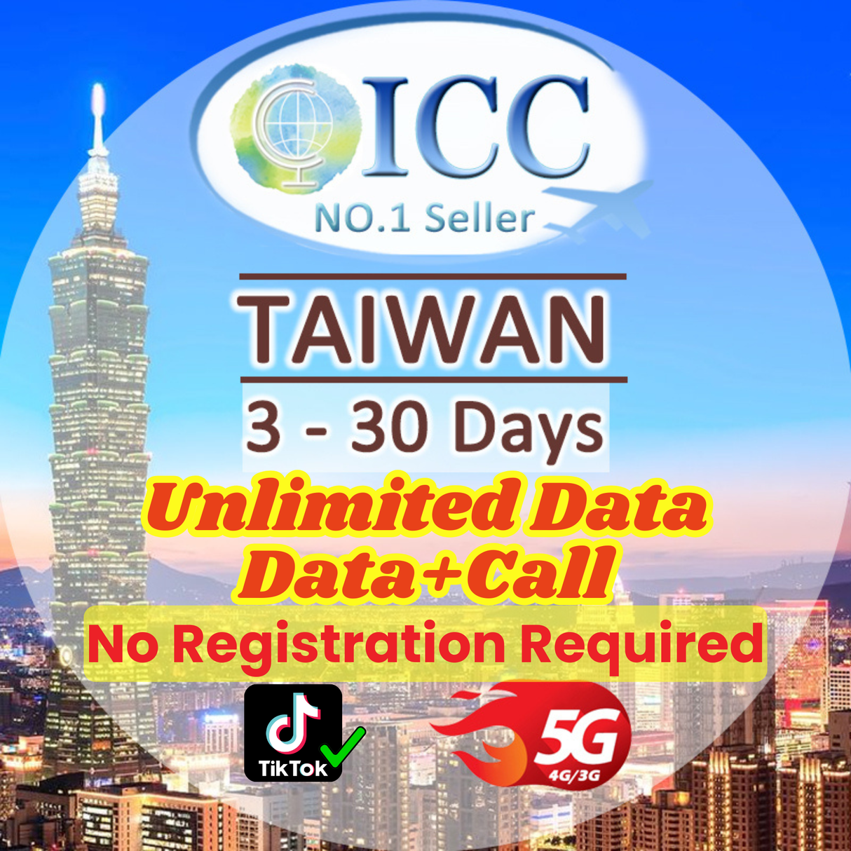ICC SIM Card - Taiwan 3-30 Days No registration required| Total Data| Data+SMS*/Call Plan can use Tiktok