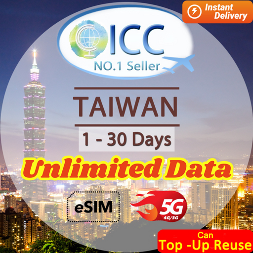ICC eSIM - Taiwan 1-30 Days Unlimited Data| Daily Data Plan| Unlimited 5G/4G Plan| Can top up reuse
