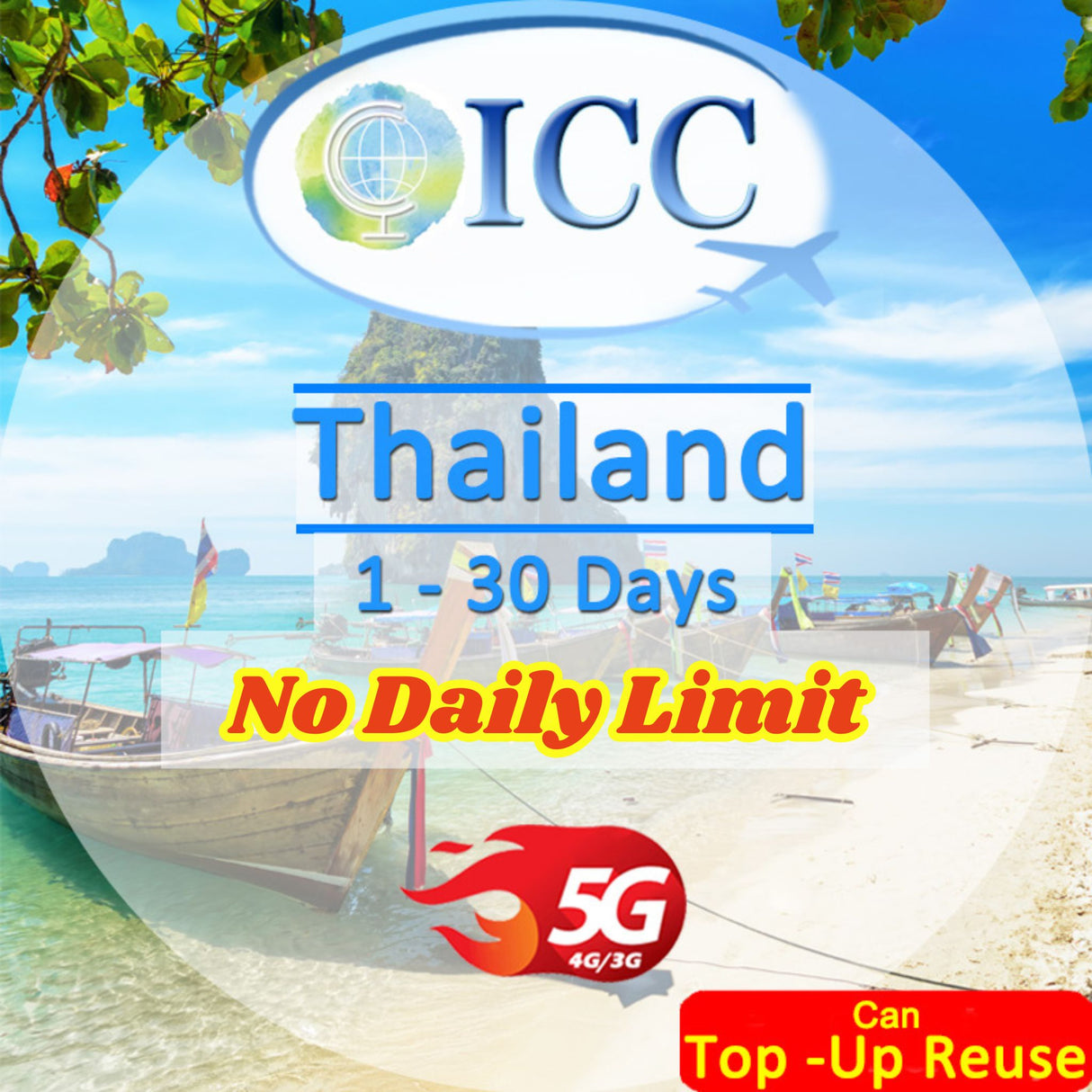 ICC SIM Card - Thailand 1-30 Days Total High Speed + Unlimited Data (No daily limit)- Can Top Up Reuse