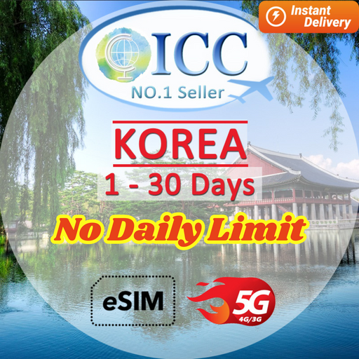 ICC eSIM - Korea 1-30 Day Unlimited Data (No Daily Limit)- SKT Telecom/KT (24/7 auto deliver eSIM)