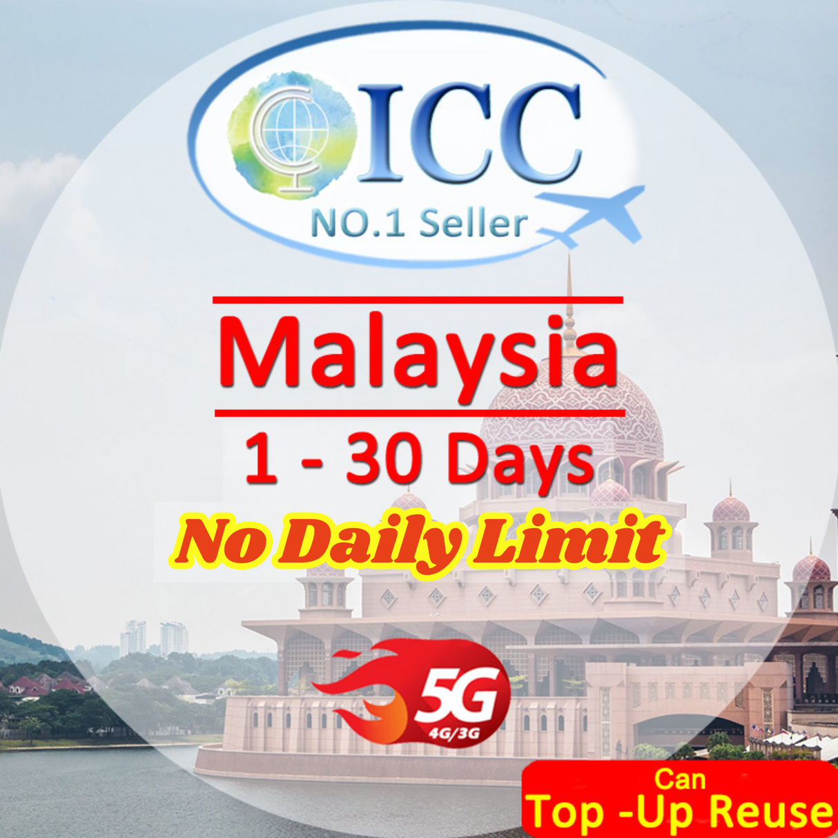 ICC SIM Card - Malaysia 1-30 Days Total High Speed + Unlimited Data (No daily limit)- Can Top Up Reuse