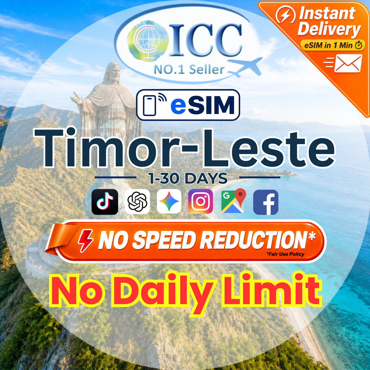 ICC eSIM - Timor-Leste (East Timor) 1-30 Days Unlimited Data SIM| No Daily Limit