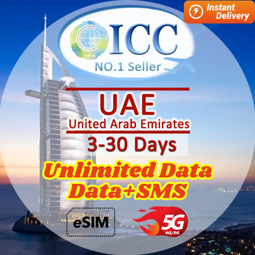 ICC eSIM - United Arab Emirates (UAE) 3-30 Days Unlimited Data| Data+SMS| Dubai eSIM |Abu Dhabi eSIM | Data+SMS support Tiktok