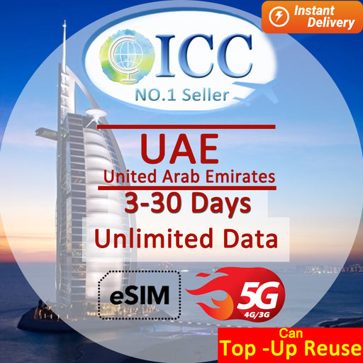 ICC eSIM - United Arab Emirates (UAE) 3-30 Days Unlimited Data/Dubai Sim (24/7 auto deliver eSIM )