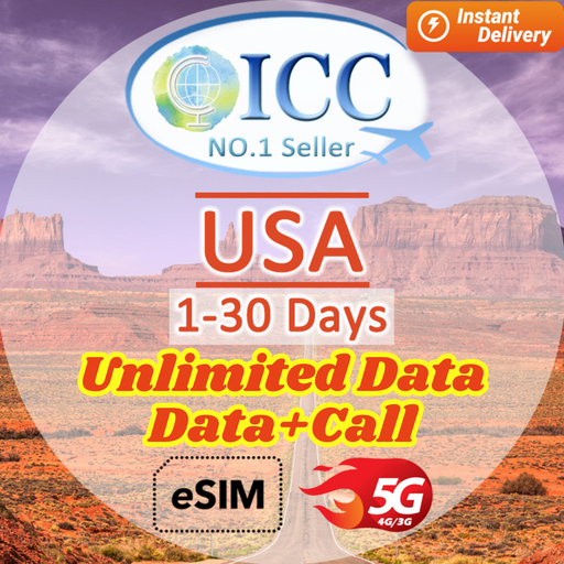 ICC eSIM - USA 1-30 Days Unlimited Data┃Daily plan can top up reuse┃T-Mobile/AT&T network