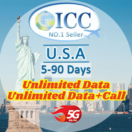 ICC SIM Card - USA 5-90 Days Unlimited Data│Unlimited 5G/4G Data + Locall Call/Int'l Call│T-mobile/AT&T Network