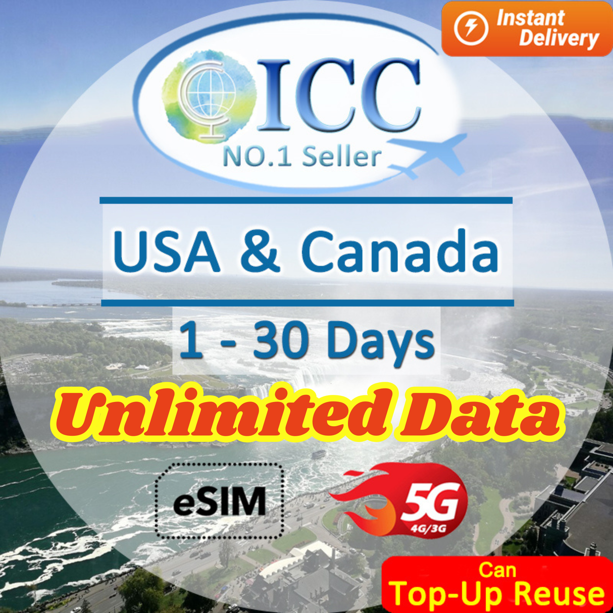 ICC eSIM - USA & Canada 1-30 Days Unlimited Data