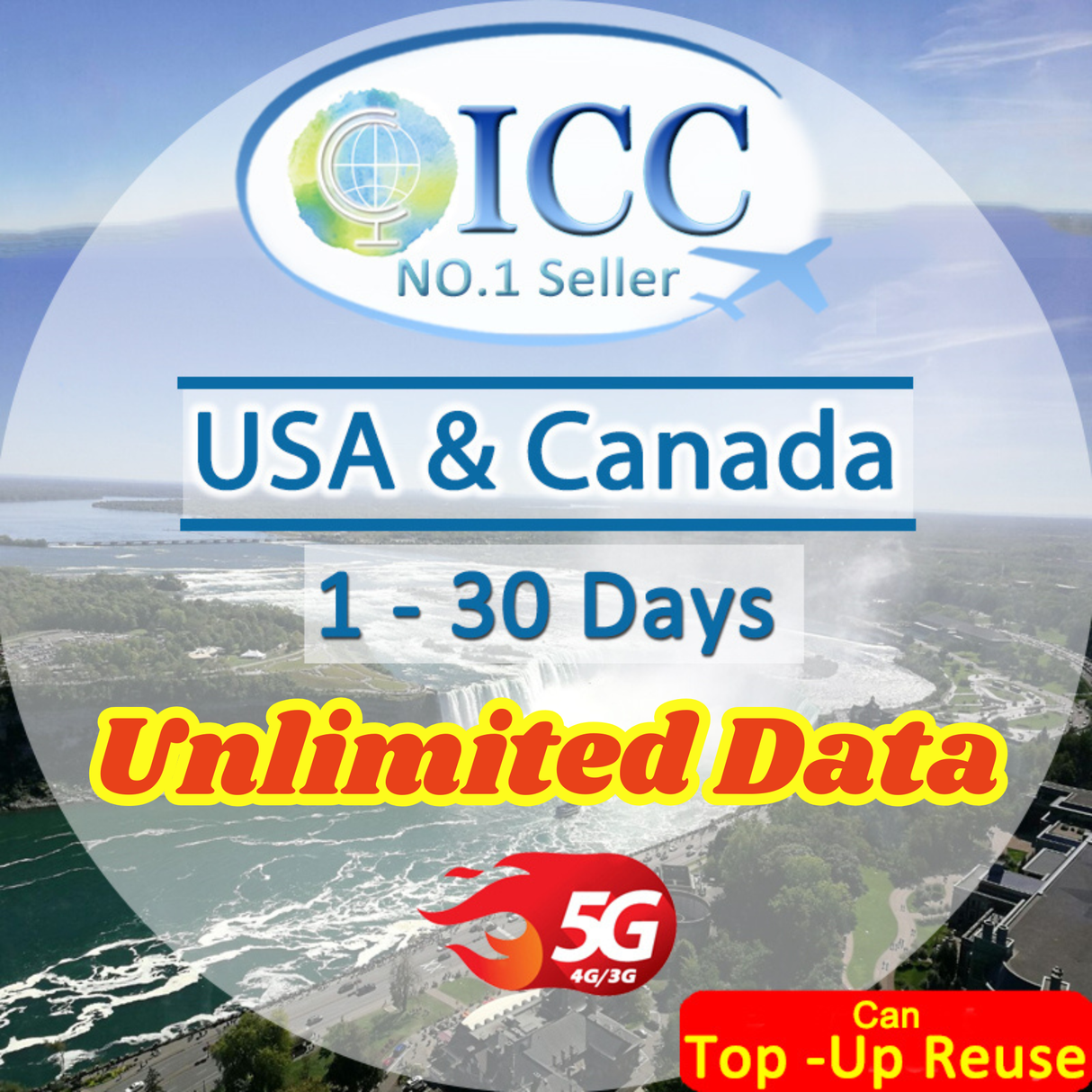 ICC SIM Card - USA & Canada 1-30 Days Unlimited Data SIM (Can top up and reuse)