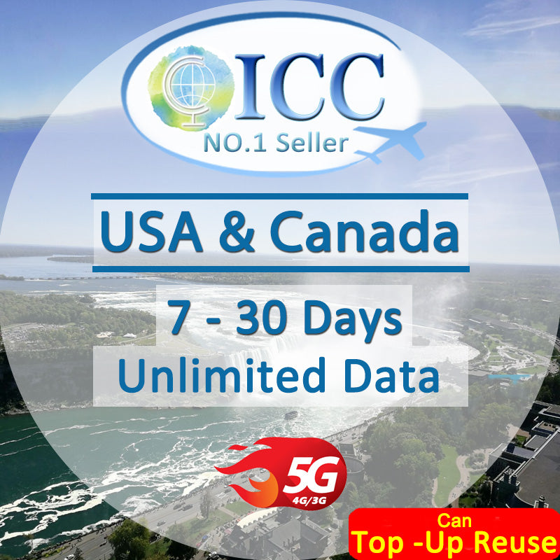 ICC SIM Card - USA & Canada 7-30 Days Unlimited Data SIM (Can top up and reuse)