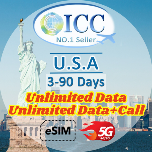 ICC eSIM - USA 3-90 Days Unlimited Data│Unlimited 5G/4G Data + Locall Call/Int'l Call│T-Mobile/AT&T network
