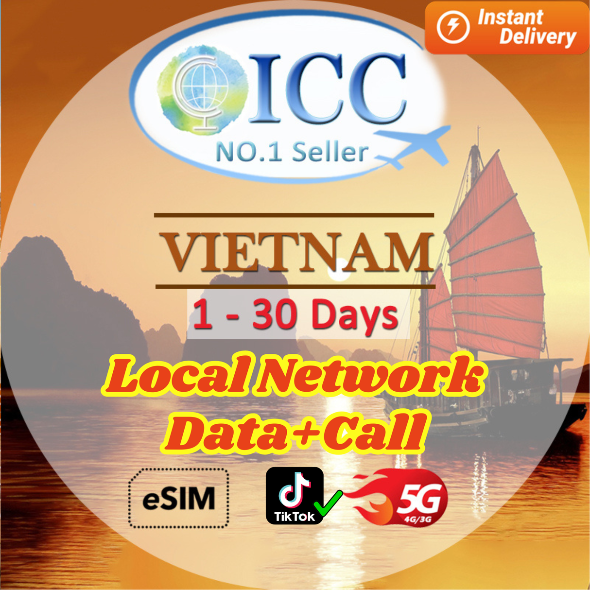 ICC eSIM - Vietnam 1-30 Days Data SIM| Data+Call* | Local Network| Local plan can use Tiktok