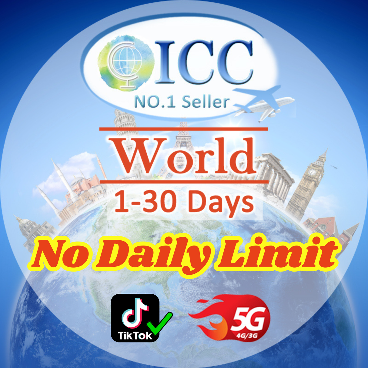 ICC SIM Card- World Multi-Zone 1-30 Days Data SIM | Up to 20GB | No Daily Limit| Can use Tiktok