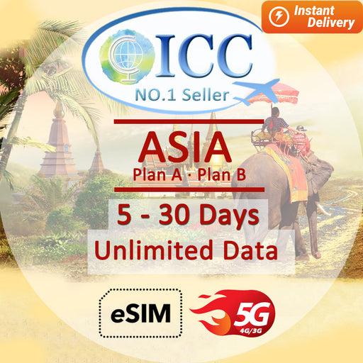 ICC eSIM - Asia 5-30 Days Unlimited Data (24/7 auto deliver eSIM )/Plan A Can top up Reuse