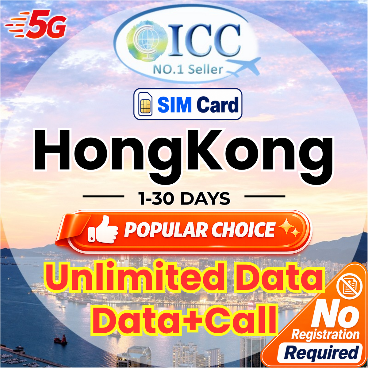ICC SIM Card - HK 1-30 Days Unlimited Data| Data + Call| No registration required