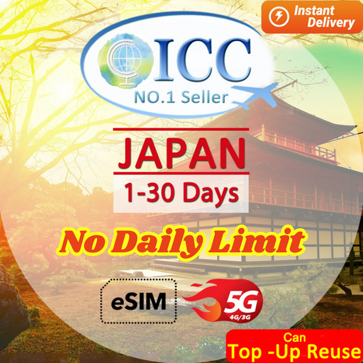 ICC eSIM - Japan 1-30 Days High Speed No Daily Limit Unlimited Data (Softbank/KDDI) (24/7 auto deliver eSIM ) Can top up reuse