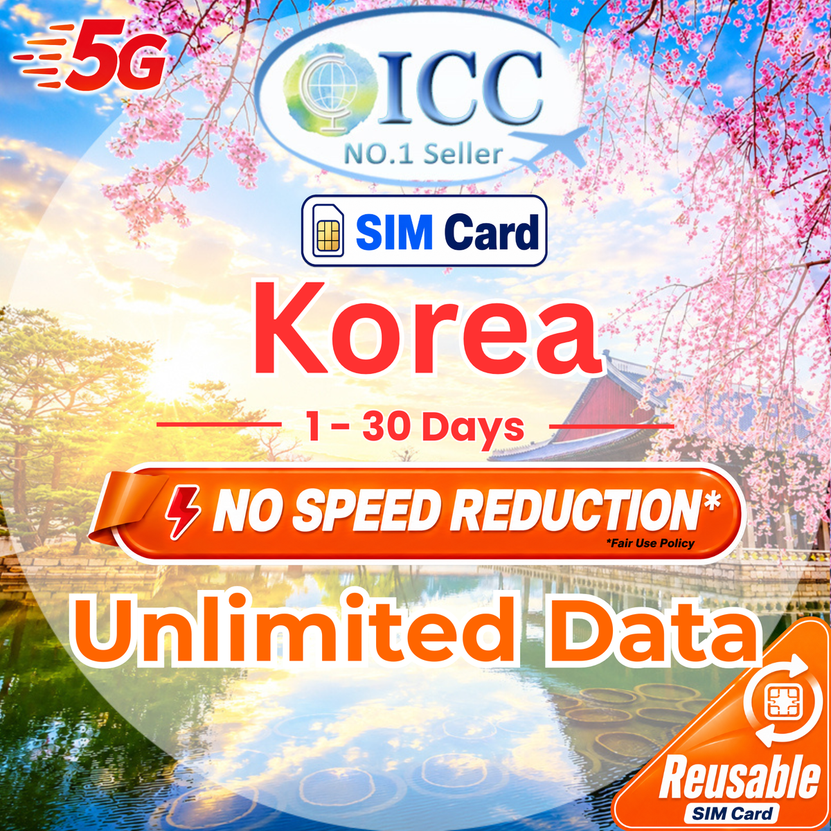 ICC SIM Card -  Korea 1-30 Days Unlimited Data SIM- Can top up reuse