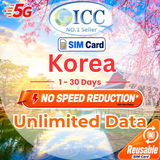 ICC SIM Card -  Korea 1-30 Days Unlimited Data SIM- Can top up reuse