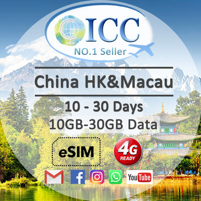ICC eSIM - China Mainland, Macau/Taiwan 10-90 Days Data SIM - China Unicom Network (24/7 auto deliver eSIM )