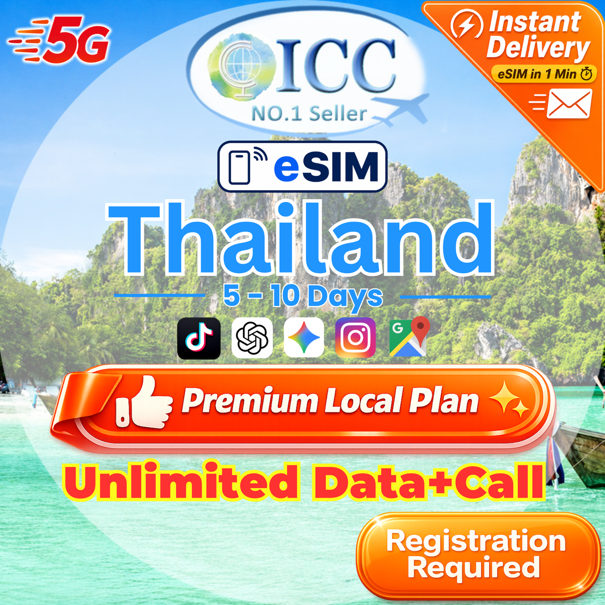 ICC eSIM - Thailand 5-10 Days Unlimited Data + Call* (Network: AIS) Thailand Local eSIM plan *Registration Required*