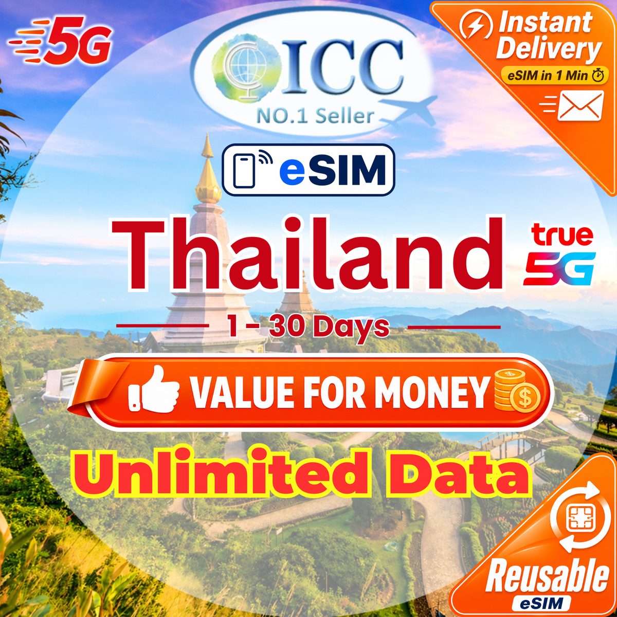 ICC eSIM - Thailand 1-30 Days Unlimited Data| Daily Data| Can top up reuse