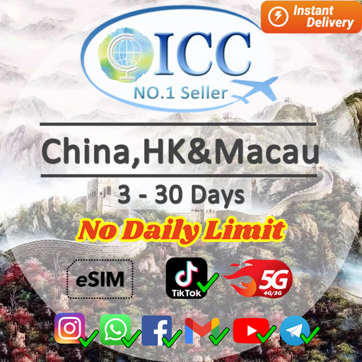 ICC eSIM - China Mainland & HK/China, HK & Macau 1-30 Days Unlimited Data-China Unicom & China Mobile Network (Support Tiktok)