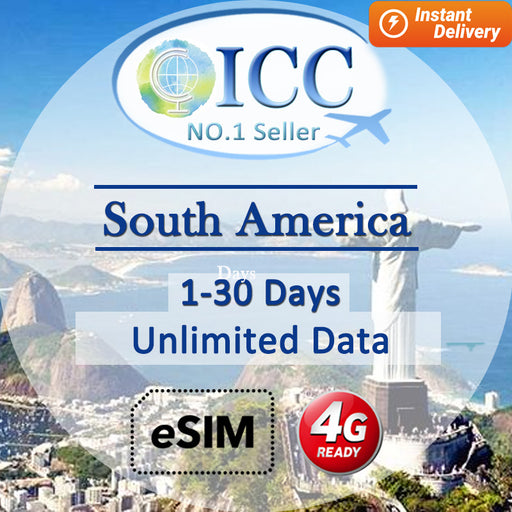 ICC eSIM - South America 1-30 Days Unlimited Data (24/7 auto deliver eSIM)