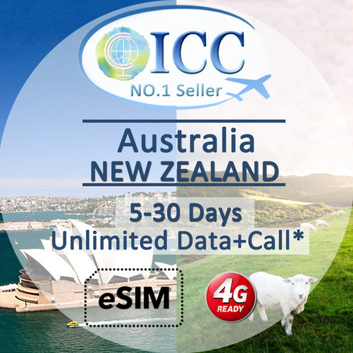 ICC eSIM - Australia & New Zealand 7-30 Day Unlimited Data + Call* (24/7 auto deliver eSIM )/Daily Plan can top up reuse