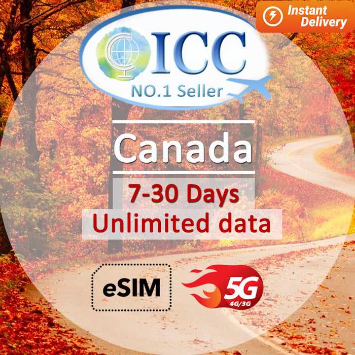 ICC eSIM - Canada 7-30 Days Unlimited Data (24/7 auto deliver eSIM ) Daily plan can top up reuse