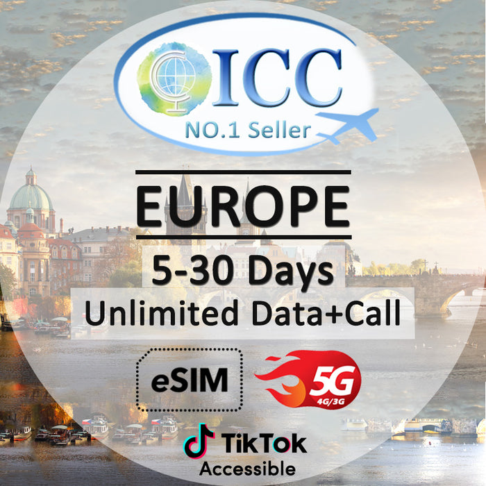 ICC eSIM - Europe EU-B 5-30 Days Unlimited Data + Call (24/7 auto deliver eSIM )
