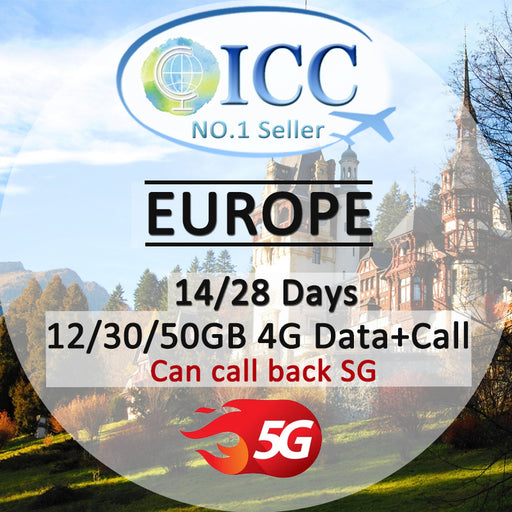 ICC SIM Card - Europe EU-C 14/28 Days 12GB/30GB/50GB 4G Data + Local Call + Int'l Call