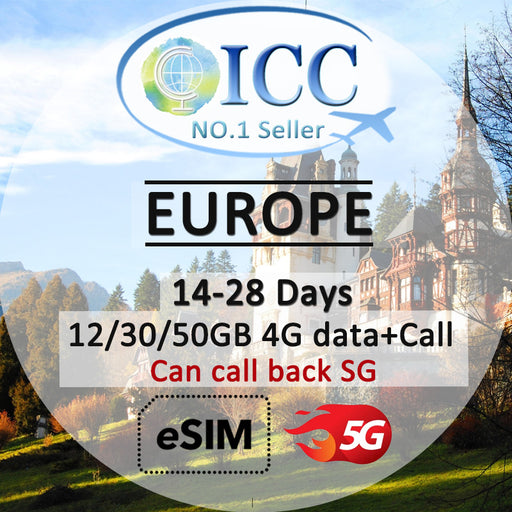 ICC eSIM - Europe EU-C 14/28 Days 12GB/30GB/50GB 4G Data + Call (24/7 auto deliver eSIM )
