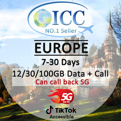 ICC SIM Card - Europe EU-C 7-30 Days 12GB/30GB/100GB 5G/4G Data + Local Call + Int'l Call