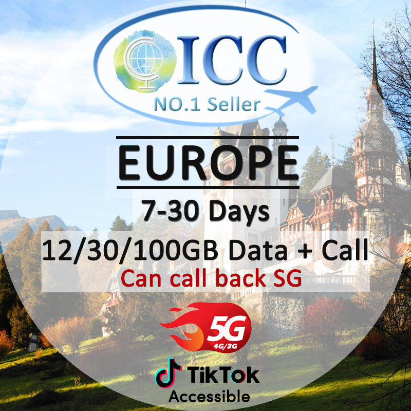 ICC SIM Card - Europe EU-C 7-30 Days 12GB/30GB/100GB 5G/4G Data + Local Call + Int'l Call