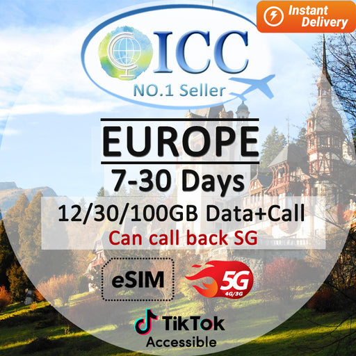 ICC eSIM - Europe EU-C 7-30 Days 12GB/30GB/100GB 5G/4G Data + Call (24/7 auto deliver eSIM )