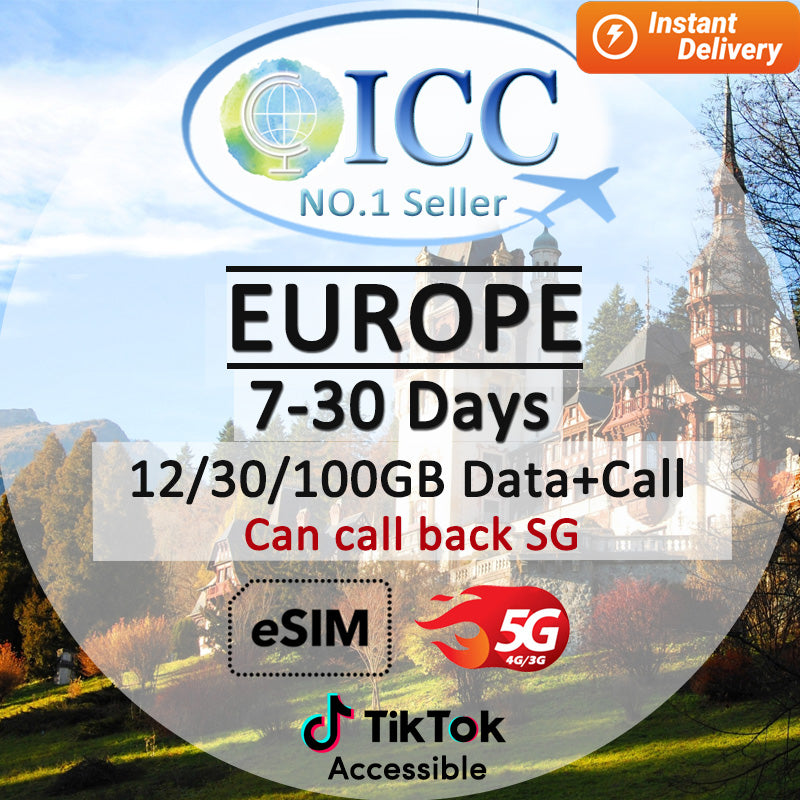 ICC eSIM - Europe EU-C 7-30 Days 12GB/30GB/100GB 5G/4G Data + Call (24/7 auto deliver eSIM )