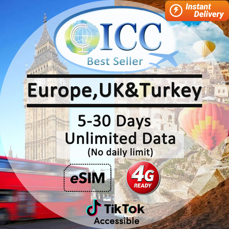 ICC eSIM - UK, Europe & Turkey (EU-i) 7-30 Days Unlimited Data (24/7 auto deliver eSIM )