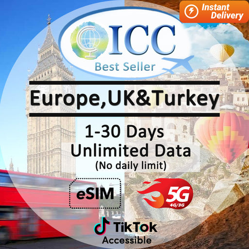 ICC eSIM - UK, Europe & Turkey (EU-i) 1-30 Days Unlimited Data (24/7 auto deliver eSIM )