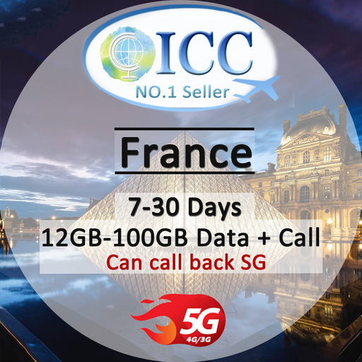 ICC SIM Card - France 7-30 Days 12GB/30GB/100GB Data + Local Call + Int'l Call