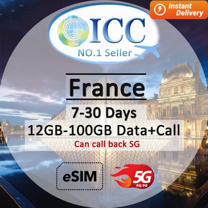 ICC eSIM - France 7-30 Days 12GB/30GB/100GB 4G Data + Call (24/7 auto deliver eSIM )