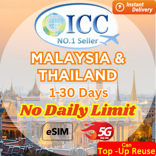 ICC eSIM - Malaysia & Thailand 1-30 Days Total High Speed + Unlimited Data (No Daily Limit) (24/7 auto deliver eSIM ) -Can top up reuse/Calendar Days Pacakge
