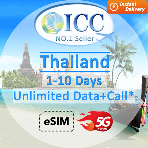 ICC eSIM - Thailand 1-10 Days Unlimited Data + Call* (Network: DTAC/Truemove) (24/7 auto deliver eSIM )