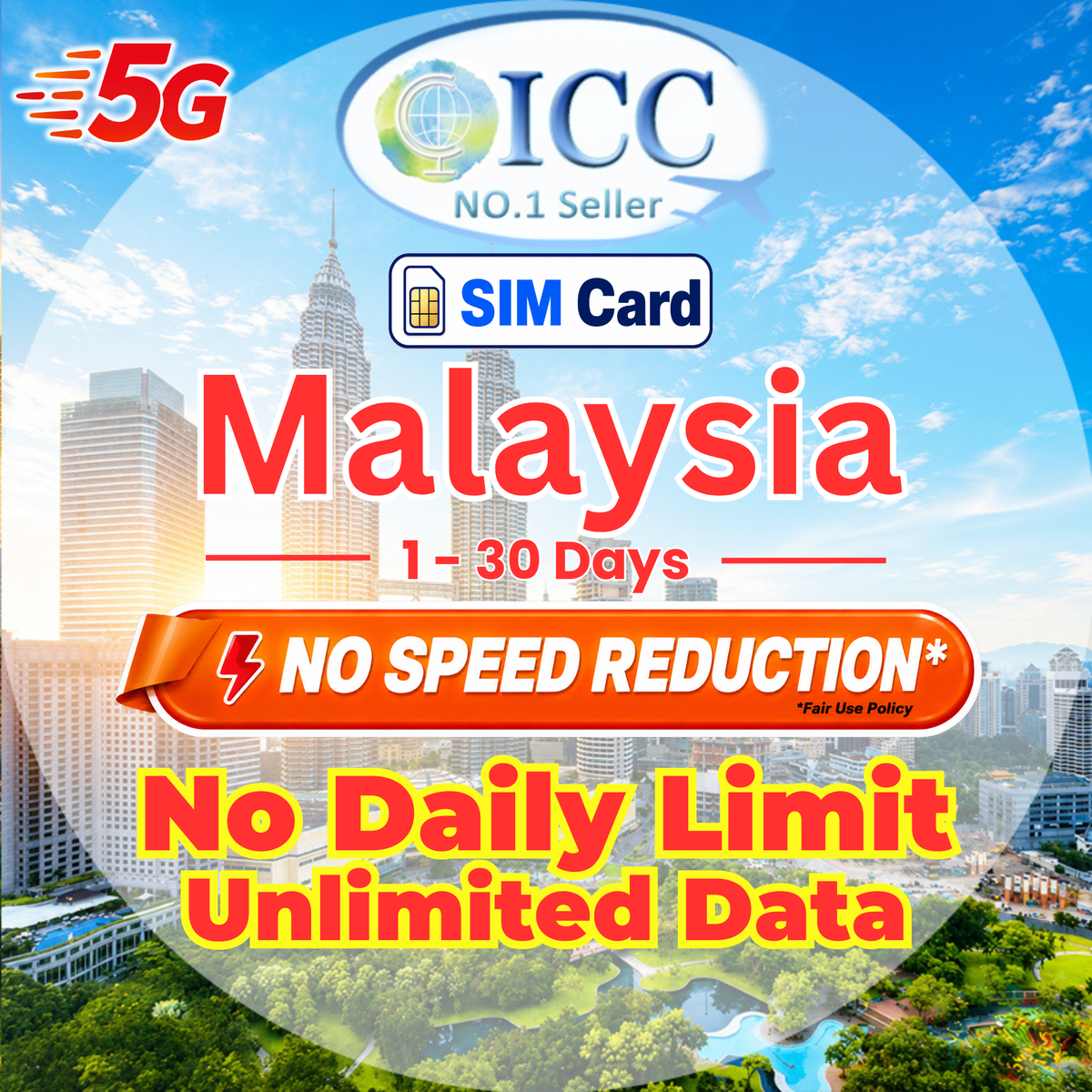 ICC SIM Card - Malaysia 1-30 Days Unlimited 5G/4G Data (No daily limit*)