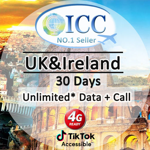 ICC SIM Card - UK & Ireland 30 Days 7GB/40GB/100GB/Unlimited 4G Data + Call