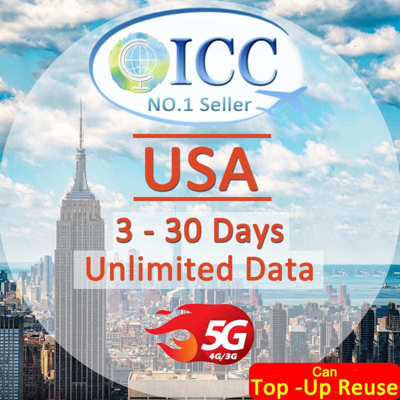 ICC SIM Card - USA 3-30 Days Total High Speed Data+Unlimited Data SIM card -No Daily Limit/Can Top up reuse